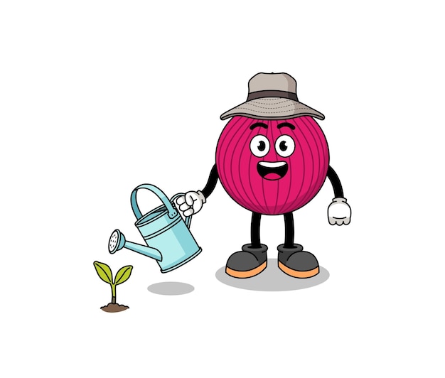 Illustration of onion red cartoon watering the plant character design