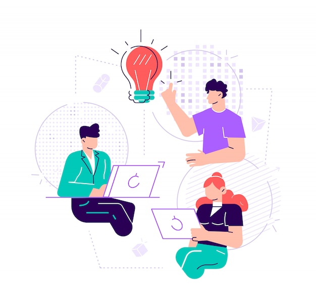 Illustrazione, assistente online al lavoro. promozione in rete. manager in remoto, alla ricerca di nuove idee, collaborare in azienda, fare brainstorming. design in stile piatto