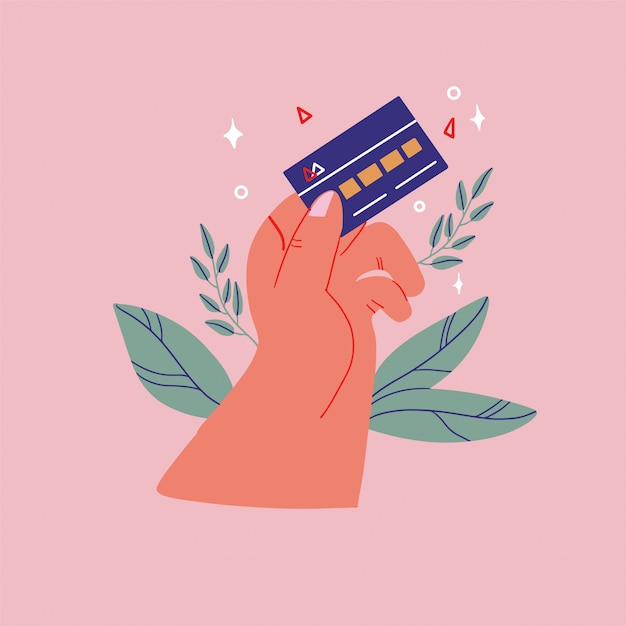 Vector illustration of online payment with credit card. hand holding credit card