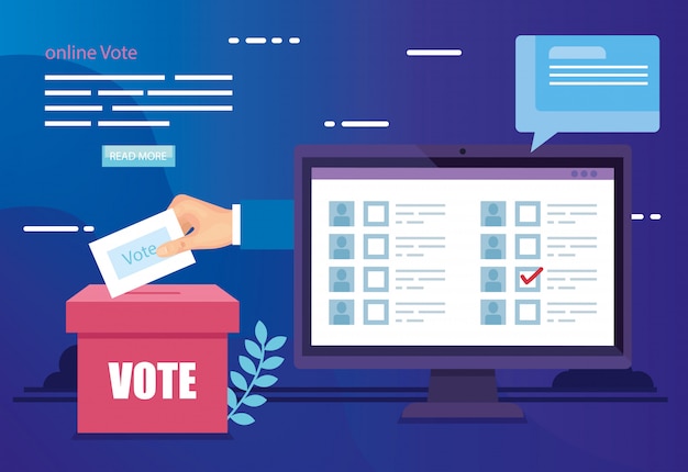 Vettore illustrazione del voto online con computer e urne