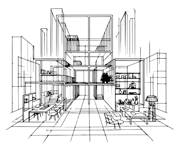 Vector illustration of open space interior modern office sketch