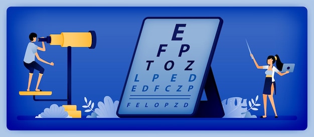 Illustration of ophthalmologist use optometry to check patients viewing distance in reading snellen