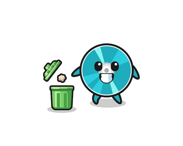 Illustration of the optical disc throwing garbage in the trash can cute design