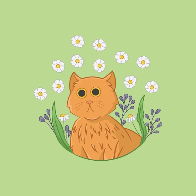 Illustration of an orange cat among a sprinkle of white flowers