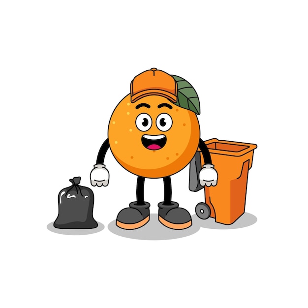 Illustration of orange fruit cartoon as a garbage collector character design