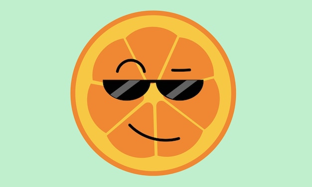 재미있는 얼굴과 선글라스가 있는 오렌지 그림. 과일 캐릭터, 스티커, 아이콘, 로고