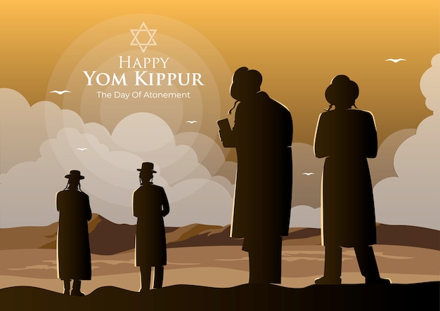 Illustration of orthodox jews perform a jewish prayer named tashlich a day ahead of yom kippur