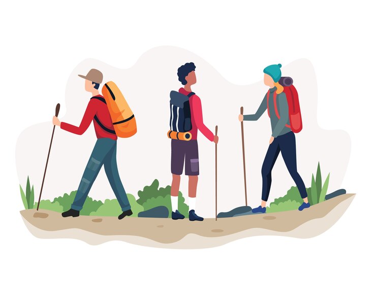 イラスト野外活動ハイキング。男と女の屋外の山の風景。キャンプでのホリデーサマーアドベンチャー。フラットスタイルで