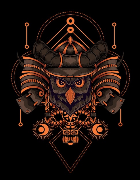 Illustration owl bird head with samurai helmet