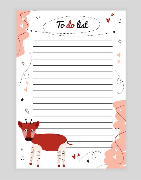 Illustration page with lines todo list with animal lemur asterisk heart doodle color background page with lines of todo list with animal okapi hearts stars doodle color background