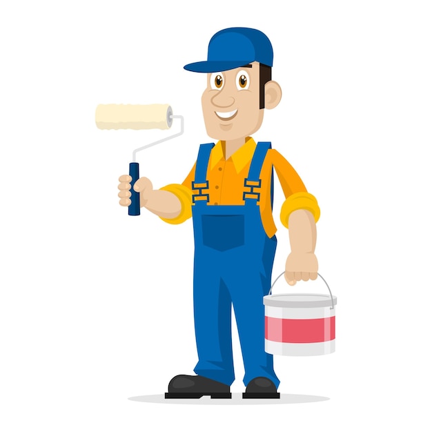 Illustration painter holds roller and bucket, format EPS 10