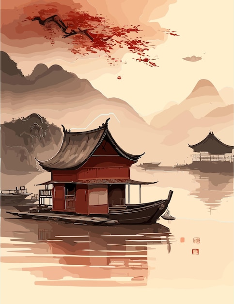 Illustration of a painting of a japanese scenery with boats and mountains