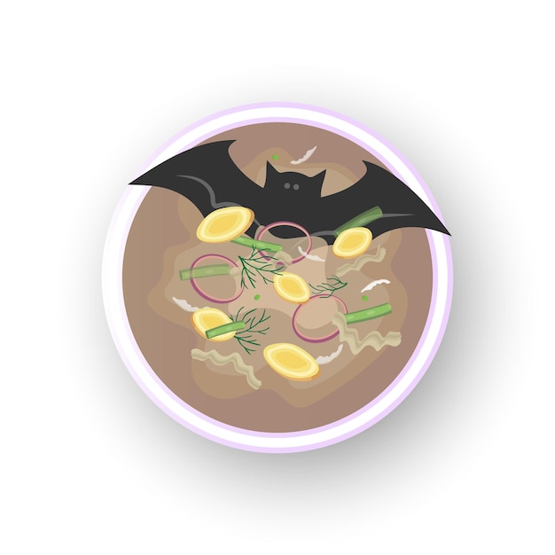 Vettore illustrazione di una zuppa di palauan a base di carne di pipistrello, cocco, zenzero e altre spezie.
