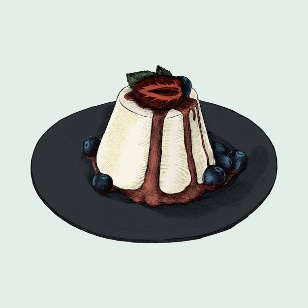 Illustration of a panacotta with berries