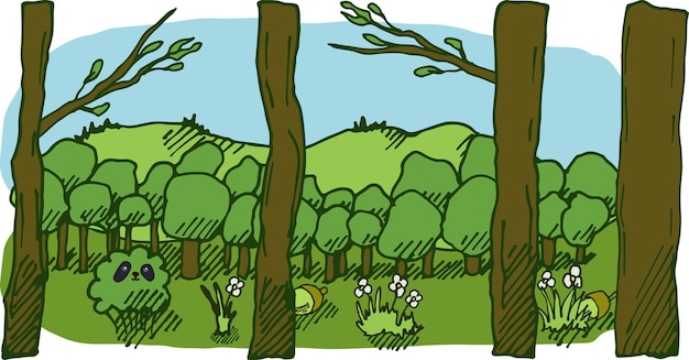 Illustration of the panda hides in the scrubs in the oak forest Exploring nature forest trees