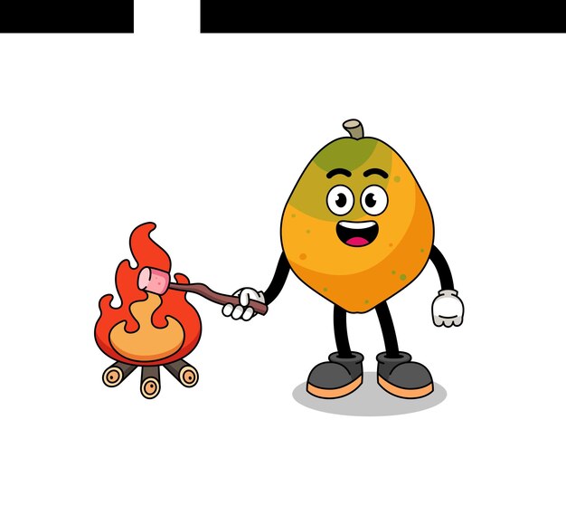 Illustration of papaya fruit burning a marshmallow character design