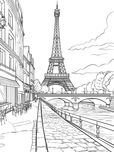 Illustration of Paris riverside and Eiffel Tower coloring page