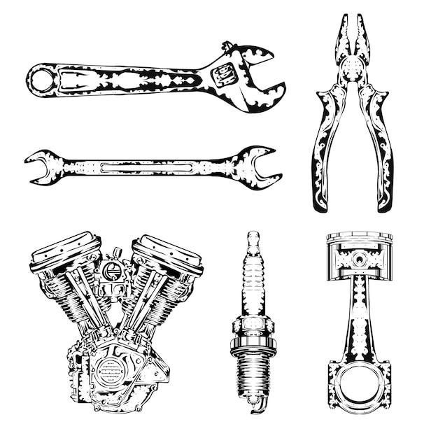 Vector illustration of parts on motorbikes and tools for service