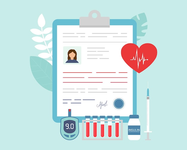 Illustration of patient related medical objects in cartoon flat style.