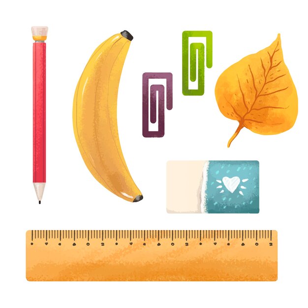 Vector illustration pencil, banana, autumn leaf from aspen or birch, paper clips, eraser, ruler, back to school