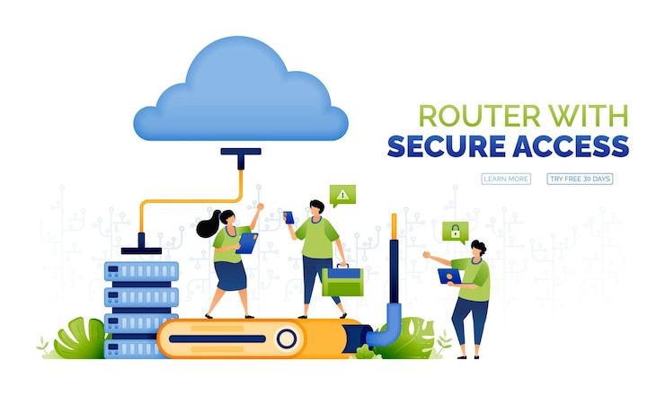 Vector illustration of people accessing a database network to the cloud to work and communicate with wifi internet access provided with hardware router technology can use for ad poster campaign apps