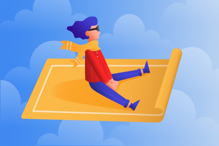 Vector illustration of people are sitting on a flying carpet