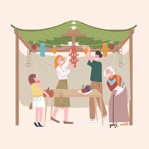 Vector illustration of people celebrating sukkot