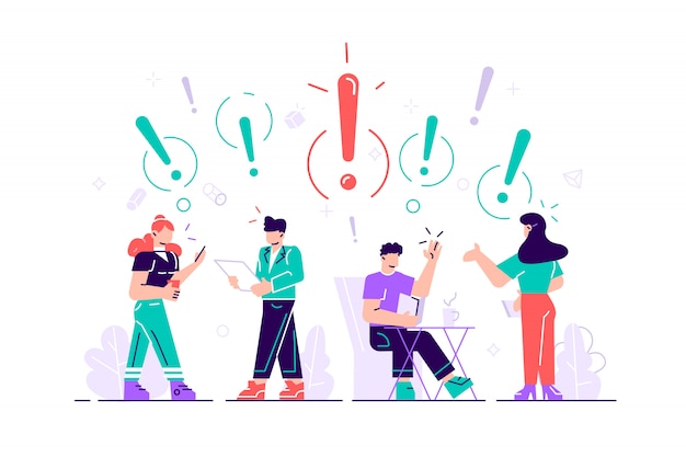  illustration of people communication in search of ideas. Problem solving. Use in web projects and applications. Flat style  illustration for web page, social media, documents, cards.
