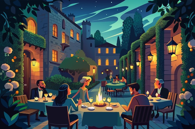 Vector illustration of people dining outdoors at night in a courtyard surrounded by historical buildings with trees and glowing lanterns