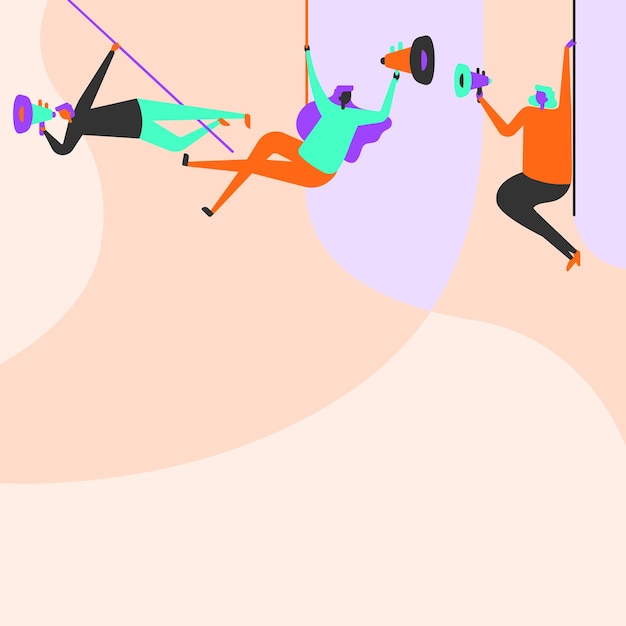 Vector illustration of people hanging at the ceiling with megaphones making new announcement. team line drawing swinging on top using bullhorn promoting late advertisements.