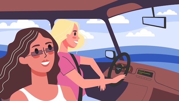 Vector illustration of people inside their cars. female characters driving a car. friends in the car on their way.