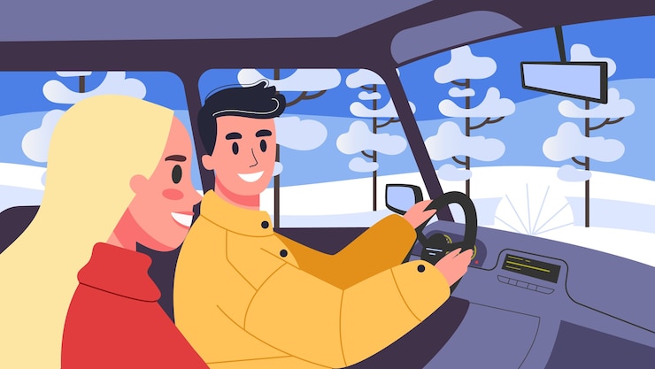 Vector 車内の人のイラスト。妻と車を運転する男性キャラクター。家族旅行、途中の男女。
