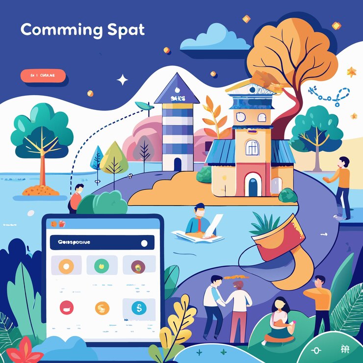 Vector illustration of people interacting in a colorful landscape with trees a building and a tablet with a website