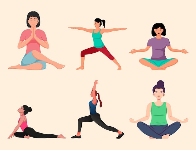 Vettore illustrazione di persone che praticano lo yoga in stile cartone animato moderno