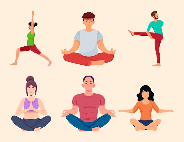 Vettore illustrazione di persone che praticano lo yoga in stile cartone animato moderno