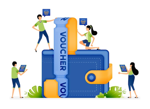 Illustration of people taking out vouchers from wallets to get discounts on purchases and payments in online stores Designed for website landing page flyer banner apps brochure startup company