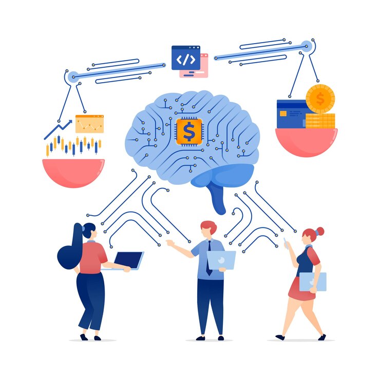Vector illustration of people using ai brains and chips for finance banking and investments