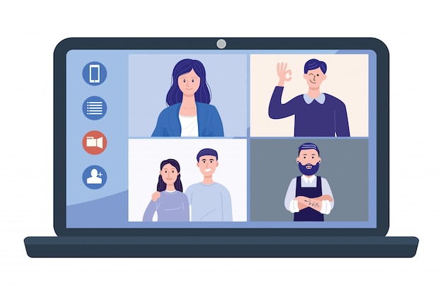 Vector illustration of people at video conference on laptop.