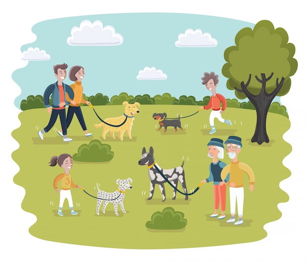 Vettore un'illustrazione della gente cammina in un parco di cani