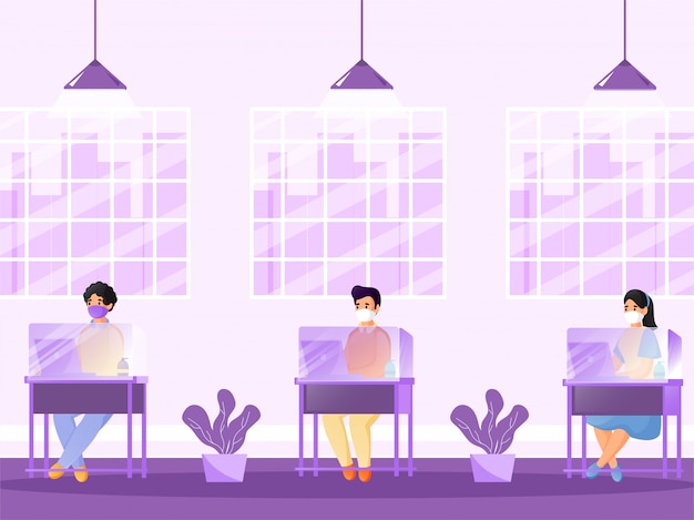 Illustration Of People Wearing Protective Mask With Using Laptop At Seperate Plexiglass Table To Prevent From Coronavirus.