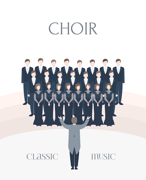 Vector illustration of performance classical choir. man and woman singers together with conductor