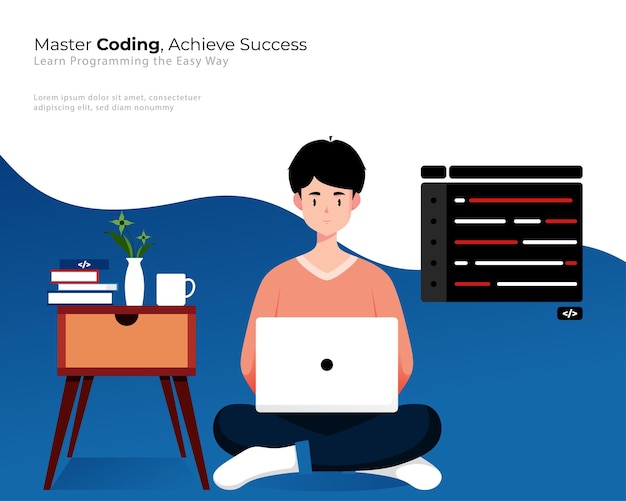 Illustration of A person learning programming with his laptop learn programming the easy way