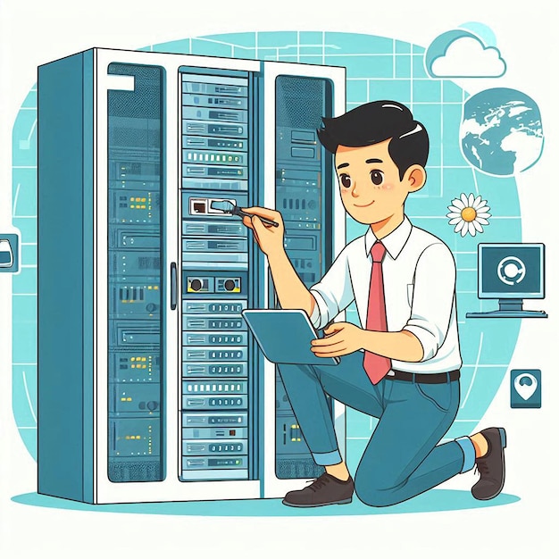 Vector illustration of a person maintaining a data center