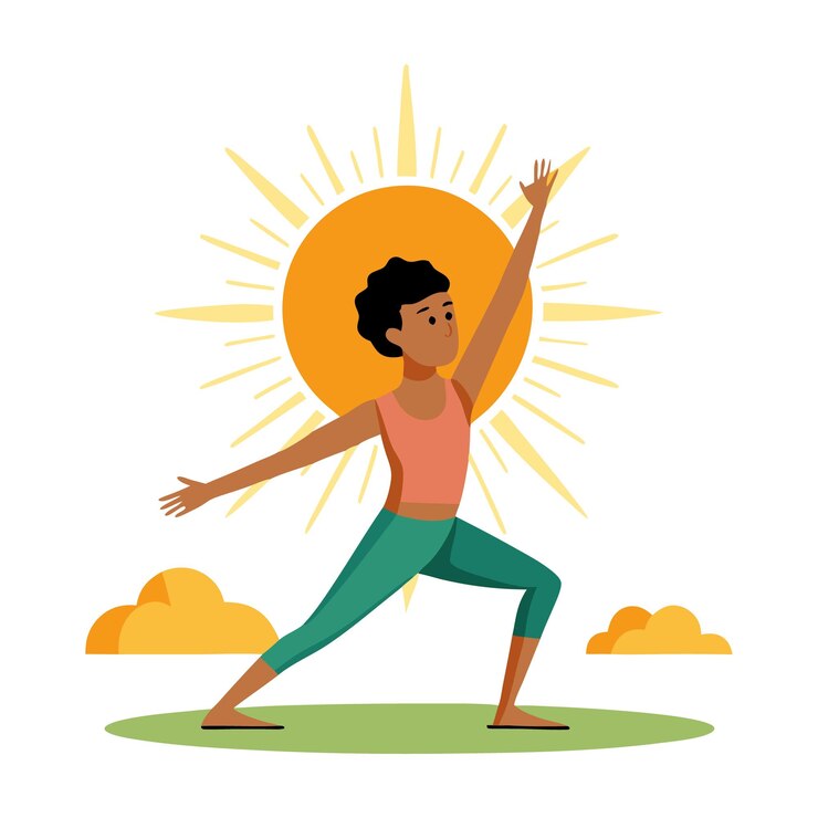 Vector illustration of a person practicing yoga under the morning sun