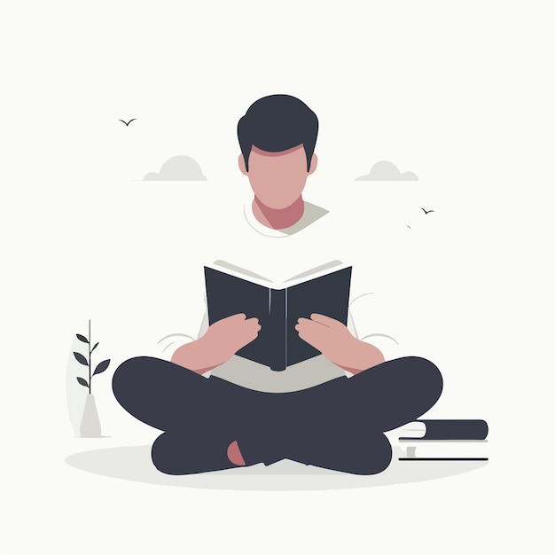 単純なフラットデザインのスタイルで本を読んでいる人のイラスト