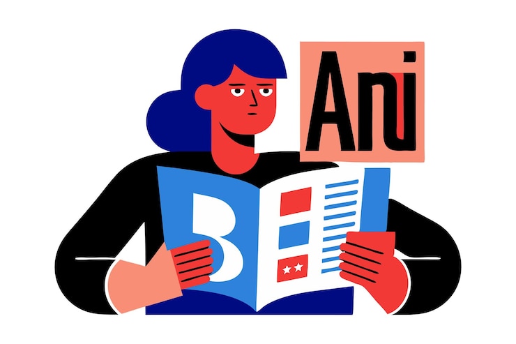 Vector illustration of a person reading a magazine with bold colors and geometric design