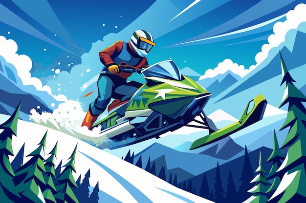 Vector illustration of a person riding a snowmobile at high speed over a snowcovered landscape with pine trees and mountains in the background depicted in a vibrant graphic style with blue tones