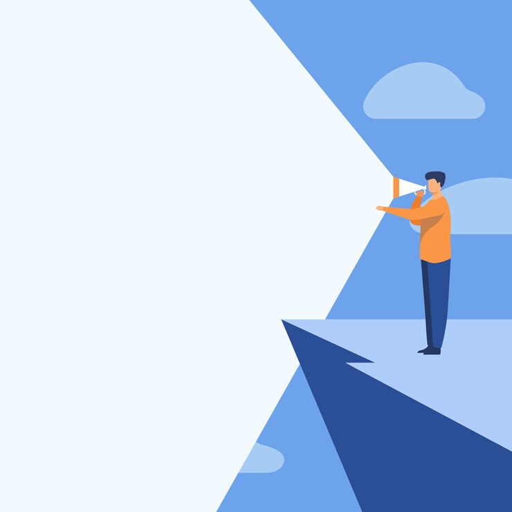 वेक्टर illustration of a person standing in cliff using megaphone in one hand making new announcement. businessman top mountain drawing producing brilliant late advertisement.