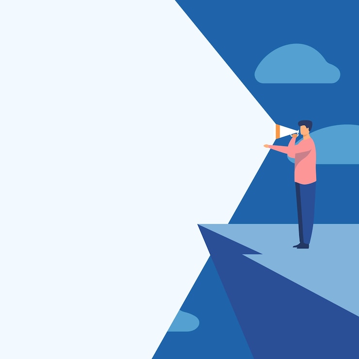 वेक्टर illustration of a person standing in cliff using megaphone in one hand making new announcement. businessman top mountain drawing producing brilliant late advertisement.