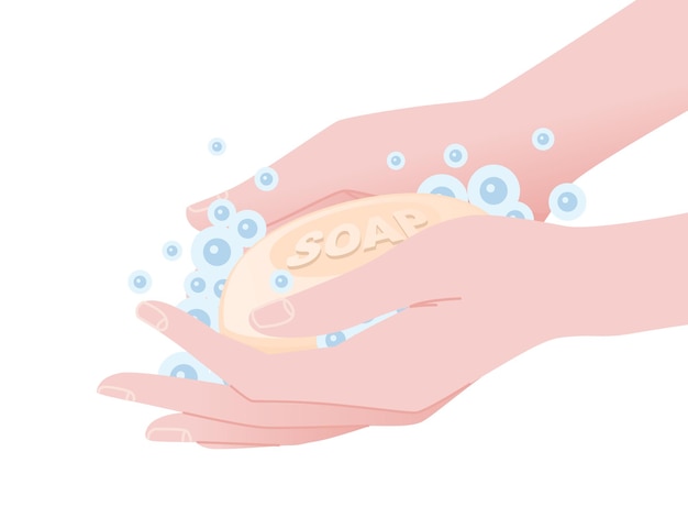 Vector illustration of person washing hands with soap bar water and bubbles healthcare hygiene procedure flat vector on white background